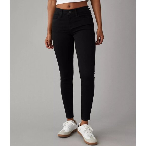 American Eagle Y2K Mid Low Rise Jeggings Black Skinny Jeans 12 Stretchy Slimming - Picture 3 of 12